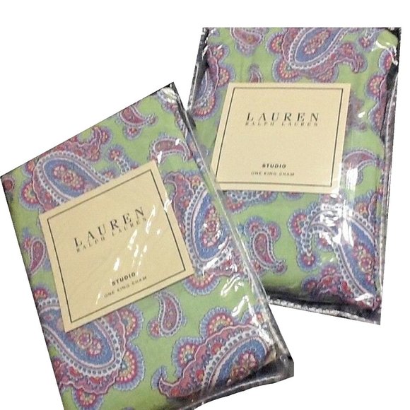 2 Ralph Lauren Greenvale Paisley 100% Cotton KING Pillow Shams in Green + Purple - Picture 3 of 10